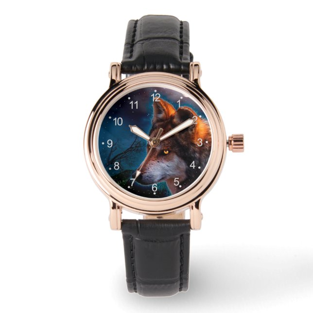 Reloj De Pulsera Wolf y la luna a media noche (Anverso)