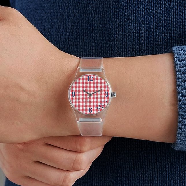 Reloj De Pulsera Women's Monogram Red White Gingham Clear Silicone (Subido por el creador)