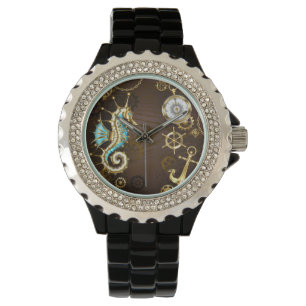 Reloj De Pulsera Wooden Background with Mechanical Seahorse