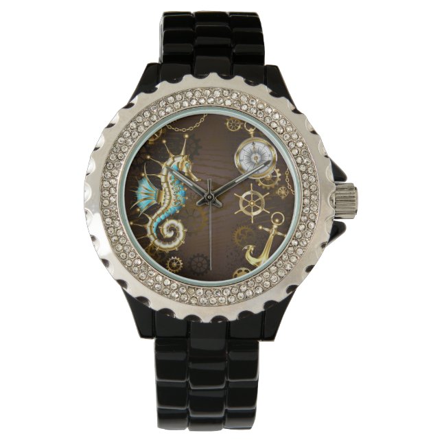 Reloj De Pulsera Wooden Background with Mechanical Seahorse (Anverso)