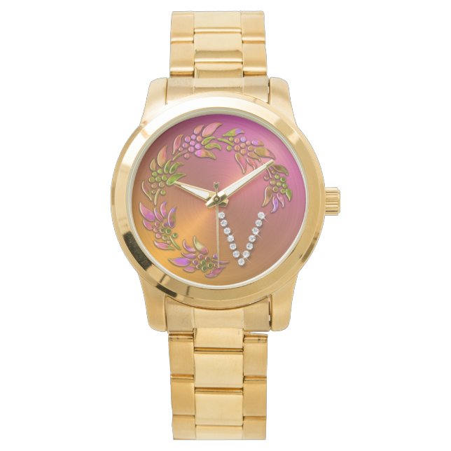 Reloj De Pulsera Wreath de vacaciones con monograma inicial V (Anverso)