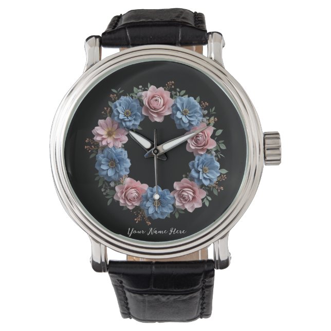Reloj De Pulsera Wreath personalizada de flores rojas y azules de D (Anverso)