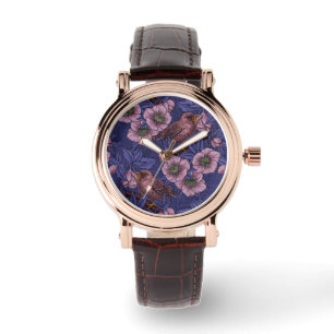 Reloj De Pulsera Wren y hellebore, violeta y rosa