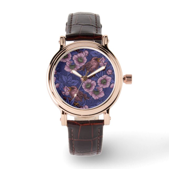 Reloj De Pulsera Wren y hellebore, violeta y rosa (Anverso)