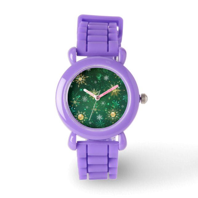 Reloj De Pulsera Xmas copos de nieve dorados sobre fondo verde (Anverso)