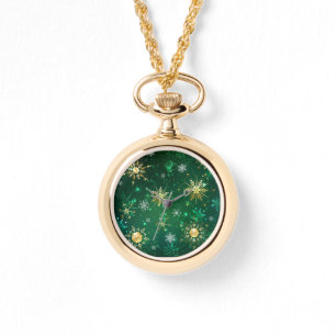 Reloj De Pulsera Xmas copos de nieve dorados sobre fondo verde