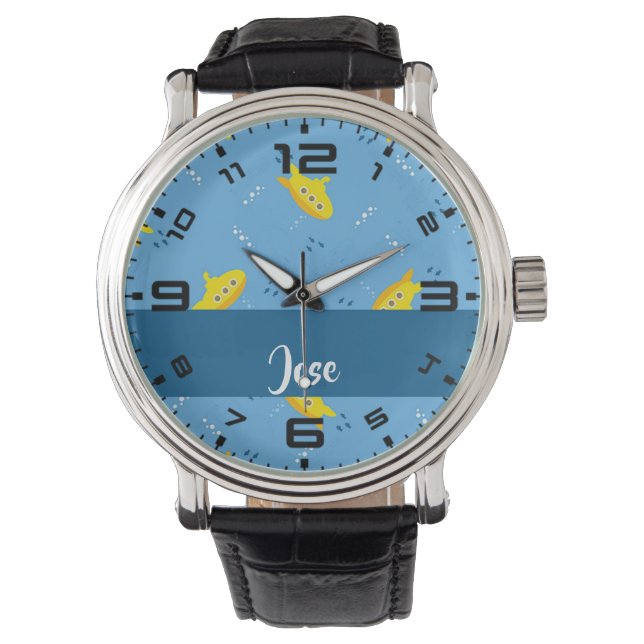 Reloj De Pulsera Yellow submarine and fish on blue (Anverso)