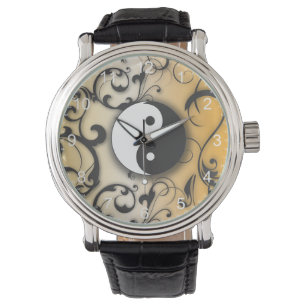 Reloj De Pulsera Yin negro y Yang en el fondo de bronce