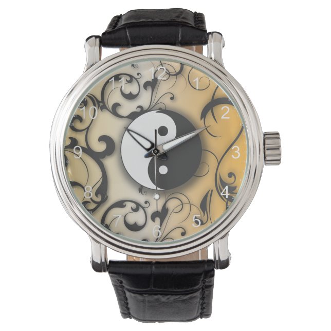 Reloj De Pulsera Yin negro y Yang sobre fondo de bronce (Anverso)