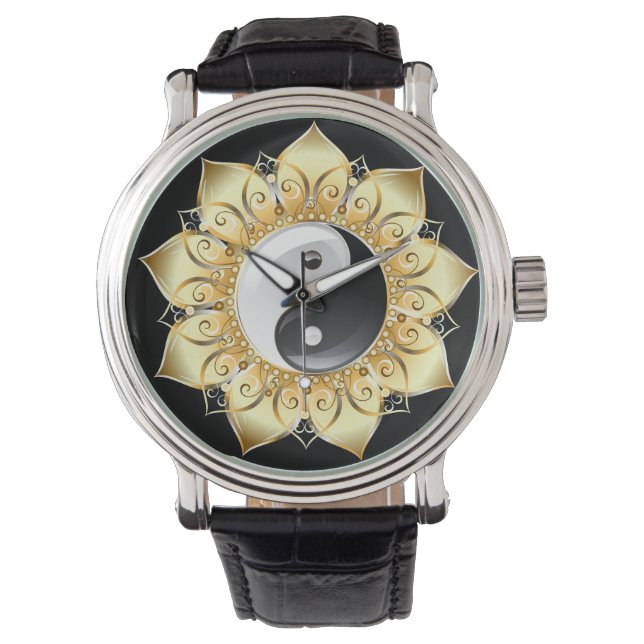 Reloj De Pulsera Yin Yang con pétalos de loto de oro (Anverso)