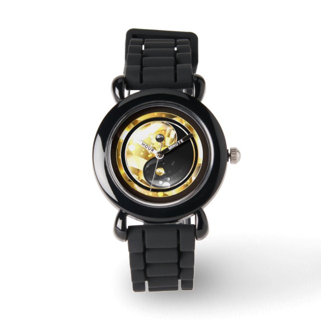 Reloj De Pulsera Yin Yang dorado en negro (Anverso)