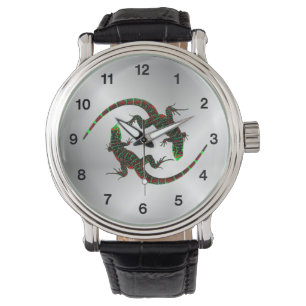 Reloj De Pulsera Yin Yang Lizards Silver Black Numbers