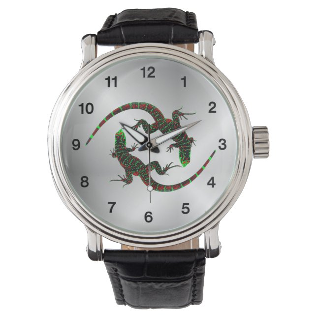 Reloj De Pulsera Yin Yang Lizards Silver Black Numbers (Anverso)
