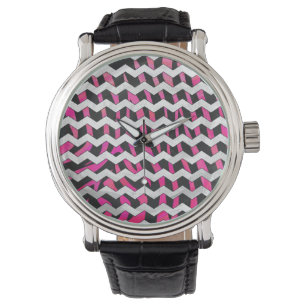 Reloj De Pulsera Zebra Chevron negro y rosa caliente