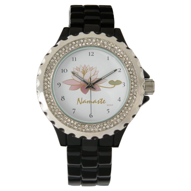 Reloj De Pulsera *~* Zen Namaste Pink Lotus Flower Spirit Black (Anverso)