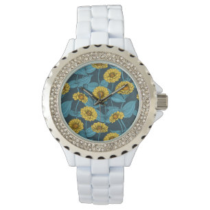 Reloj De Pulsera Zinnias amarillas en azul oscuro