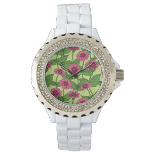Reloj De Pulsera Zinnias rosas sobre verde claro