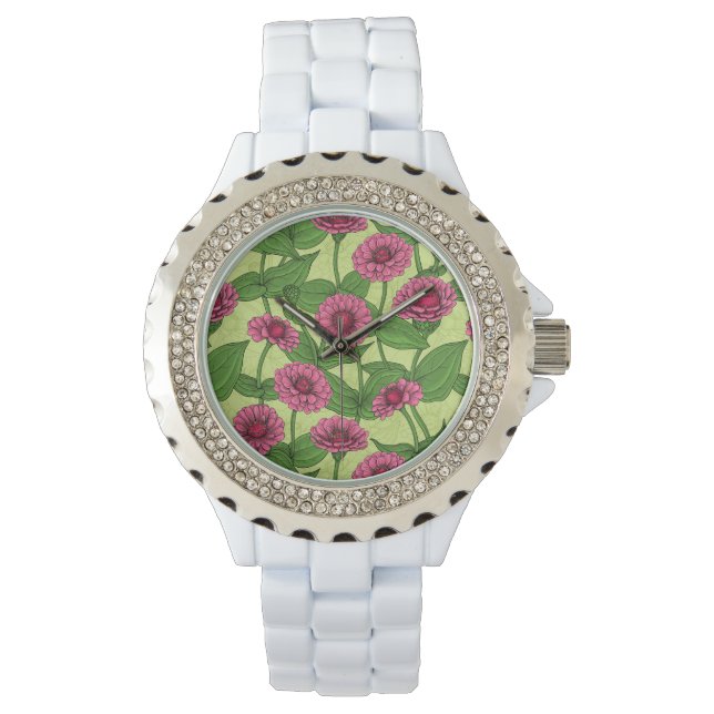 Reloj De Pulsera Zinnias rosas sobre verde claro (Anverso)