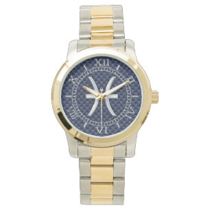 Reloj De Pulsera Zodiaco de Piscis en el dial azul de la impresión