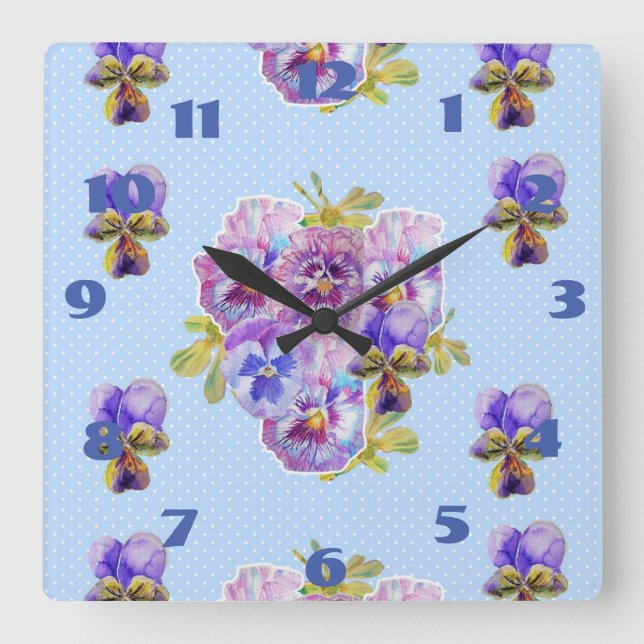 Reloj de punto floral pansy de los paneles azules  (Anverso)