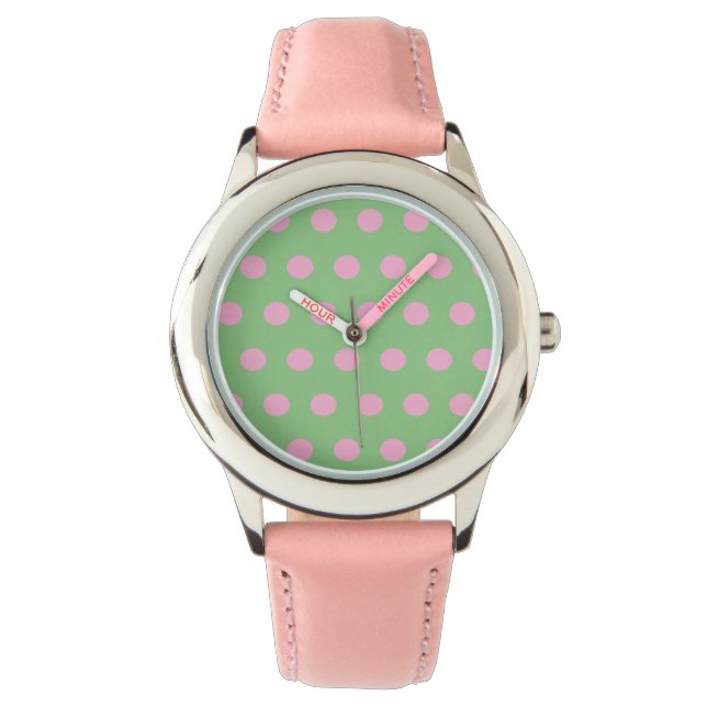 Reloj de puntos de polka (verde sabio y rosa paste (Anverso)