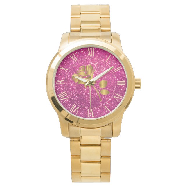 Reloj de Regalo Floral Rosa Purpurina Gold de lujo (Anverso)