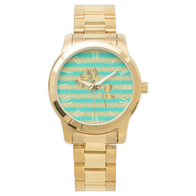 Reloj de Regalo Floral Turquesa Purpurina Gold de  (Anverso)