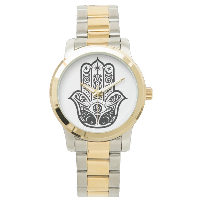 reloj de tonos dorados y plateados, hamsa, fatima (Anverso)