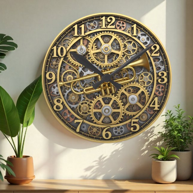 Reloj de trompeta de jazz, Steampunk, oro, música (Jazz Trumpet Wall Clock, Steampunk / Industrial)