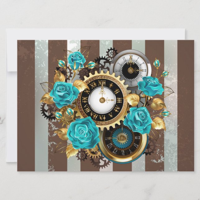 Reloj de vapor y Rosas turquesa a rayas (Anverso)