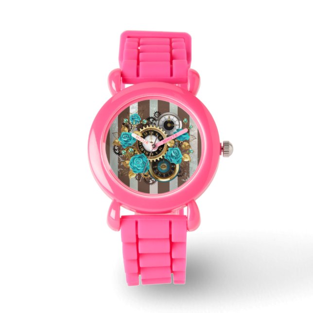 Reloj de vapor y Rosas turquesa a rayas (Anverso)