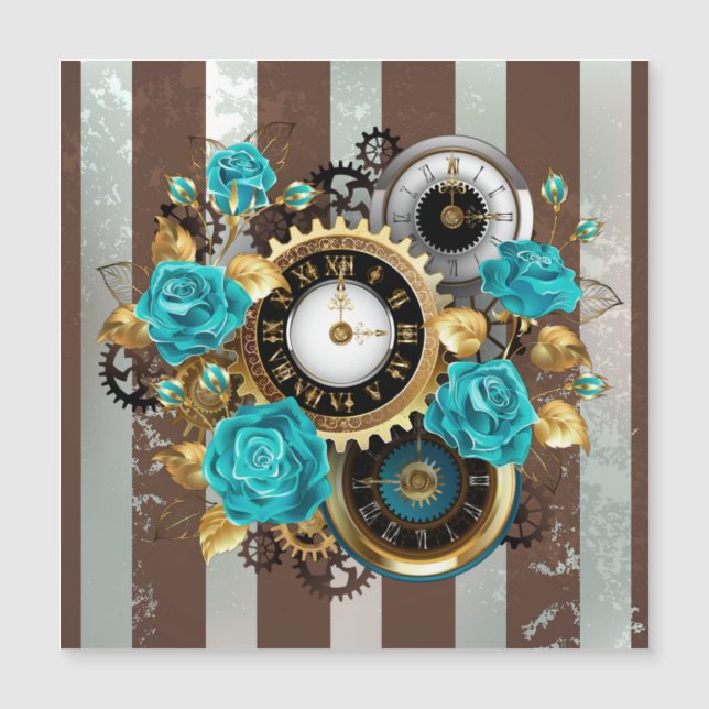 Reloj de vapor y Rosas turquesa a rayas (Anverso)
