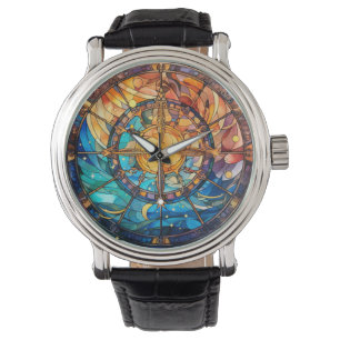 Reloj de vidrio manchado celeste