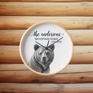 Reloj Decoración de cabaña de oso grizzly rústico Monogr