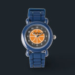 Reloj deportivo de baloncesto infantil con nombre<br><div class="desc">El reloj deportivo de baloncesto infantil con un nombre personalizado. Relojes de muñeca personalizados para niños y chicas. Idea de regalo de feriado o cumpleaños para hijo,  nieto,  sobrino,  primo,  hijos,  jugadores,  equipo,  etc. Diseño de marcado en blanco y negro con logotipo de bola.</div>