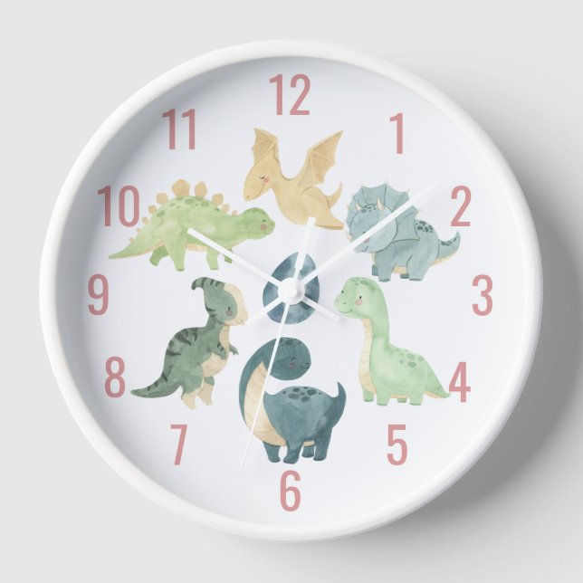Reloj Dinosaurio de bebé adorable acuarela rosa (Anverso)