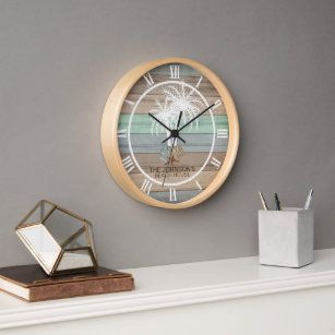 Reloj Diseño Náutico de Madera de Playa con Palmeras