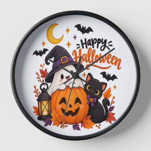 Reloj Dulce Fantasma Feliz Halloween Calabaza Gato Negro