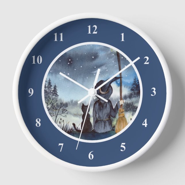 Reloj El gato negro de Halloween y la noche estrellada d (Anverso)