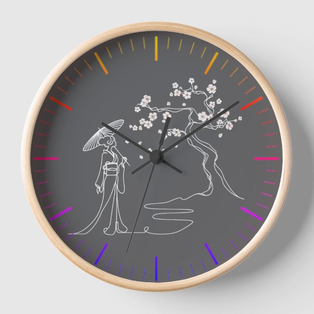 Reloj Elegancia eterna: Kimono Woman y Sakura Wall Cloc (Anverso)