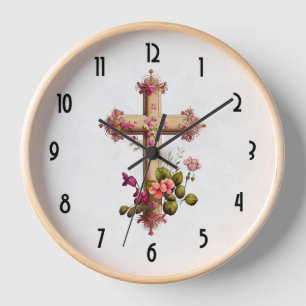 Reloj Elegante cruz de madera con flores rosas