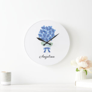 Reloj elegante de pared de flor azul personalizado