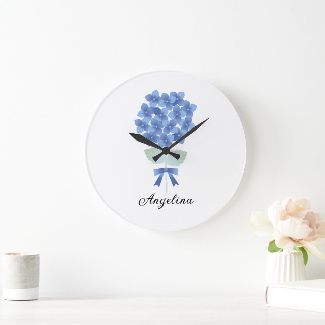 Reloj elegante de pared de flor azul personalizado (Hogar)