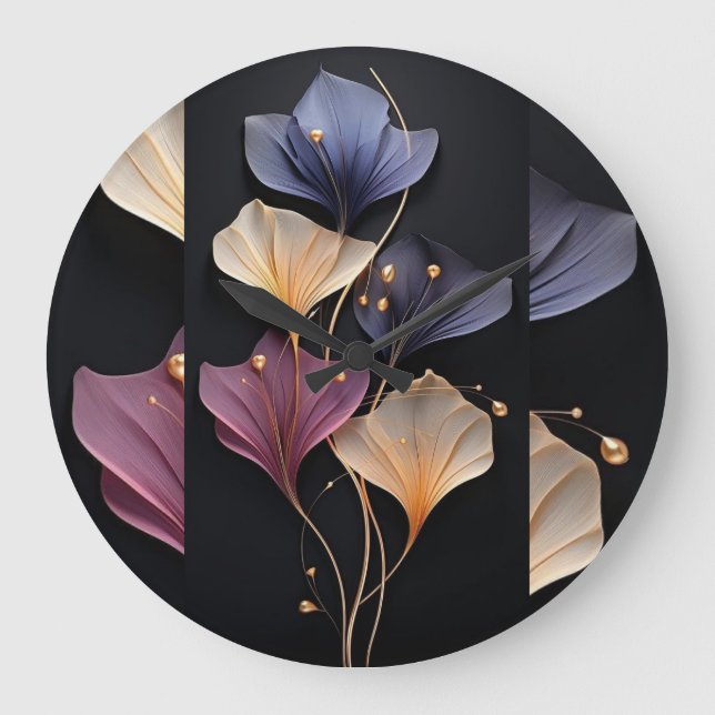 Reloj elegante de pared floral negro |Flor mínima (Anverso)
