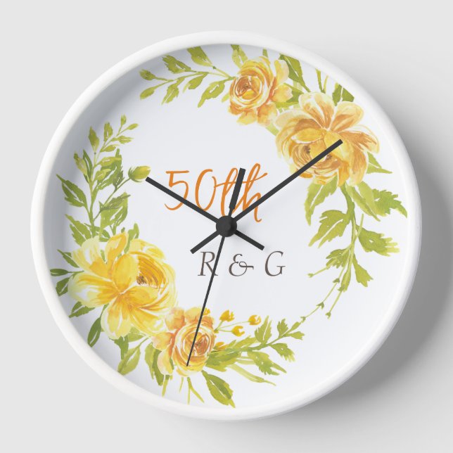 Reloj Elegante flor amarilla Wreath 50 Boda (Anverso)