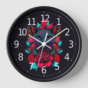 Reloj Elegante gato negro rodeado de rosas rojas  