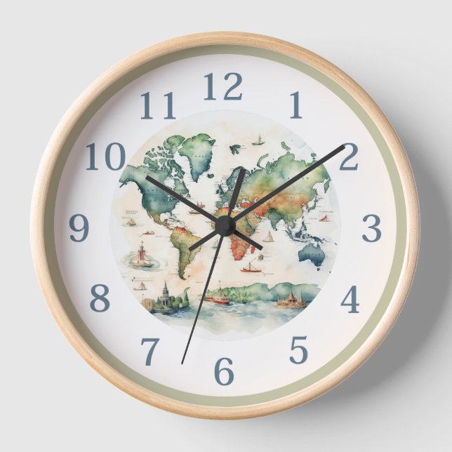 Reloj Elegante mapa del mundo de las acuarelas antiguas (Anverso)