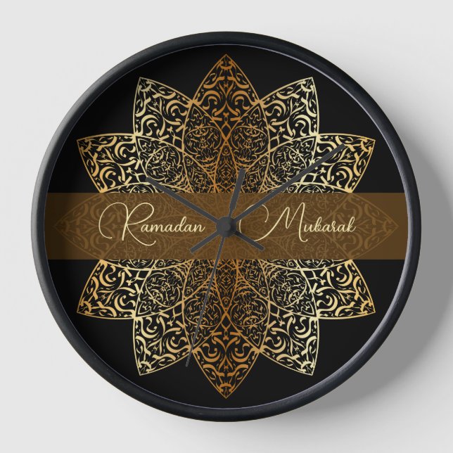 Reloj Elegante oro ornamental y Ramadán negro Mubarak (Anverso)