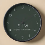 Reloj Elegante verde oscuro moderno nombre de monograma<br><div class="desc">Mejore su decoración en casa con nuestro elegante reloj de pared Minimalista clásico. Este exquisito reloj combina a la perfección la elegancia atemporal con el minimalismo contemporáneo, elevando el espacio vital a nuevos niveles de sofisticación. Diseñado con precisión y meticulosa atención a los detalles, este reloj de pared es más...</div>