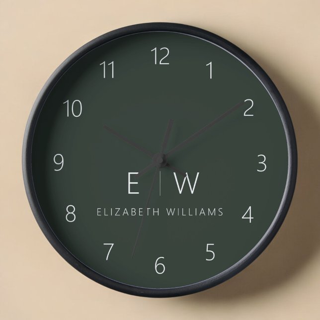 Reloj Elegante verde oscuro moderno nombre de monograma  (Subido por el creador)